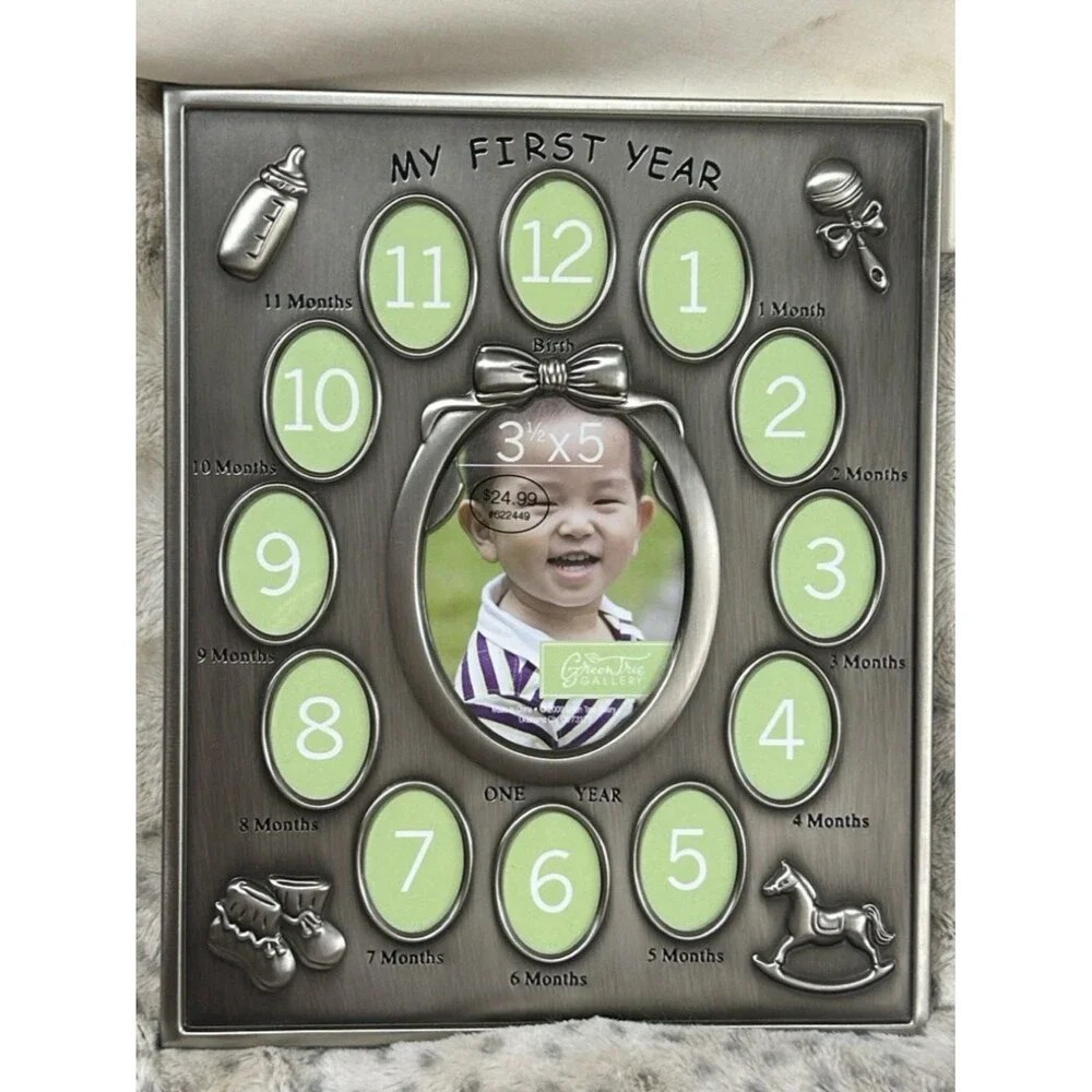 Baby’s First Year Pewter Silver Photo Frame NWT Stand Hanging 9x11 Green Tree